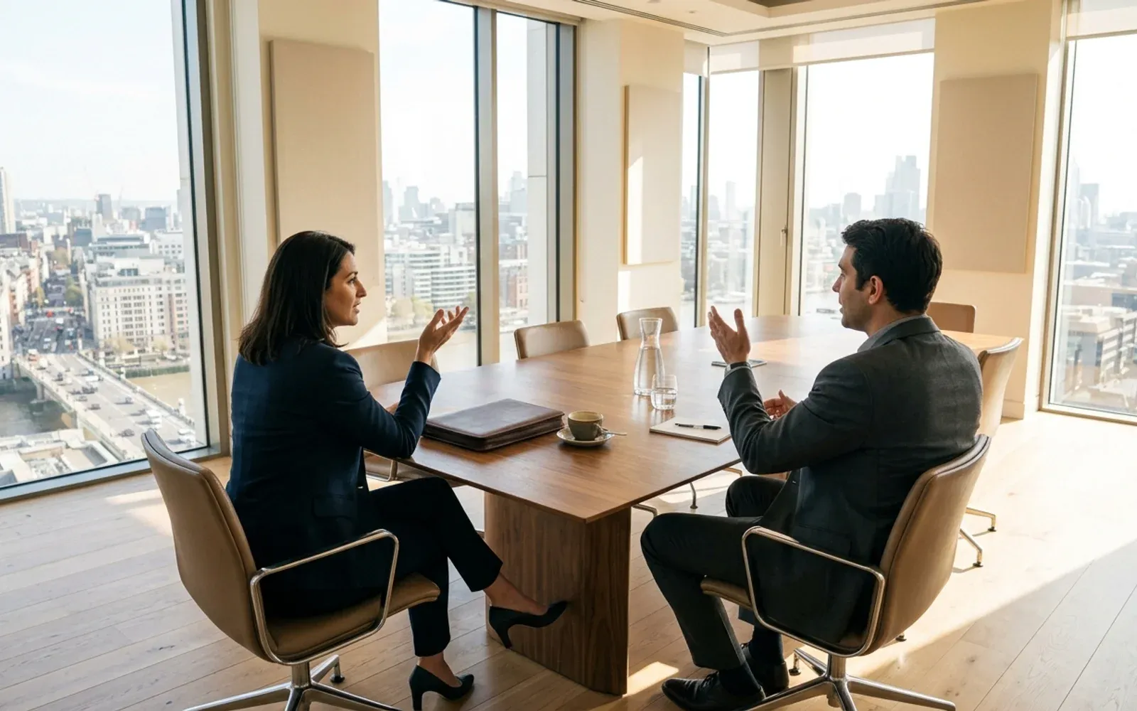 Consultor e empresário conversando em sala de reunião com vista para a cidade
