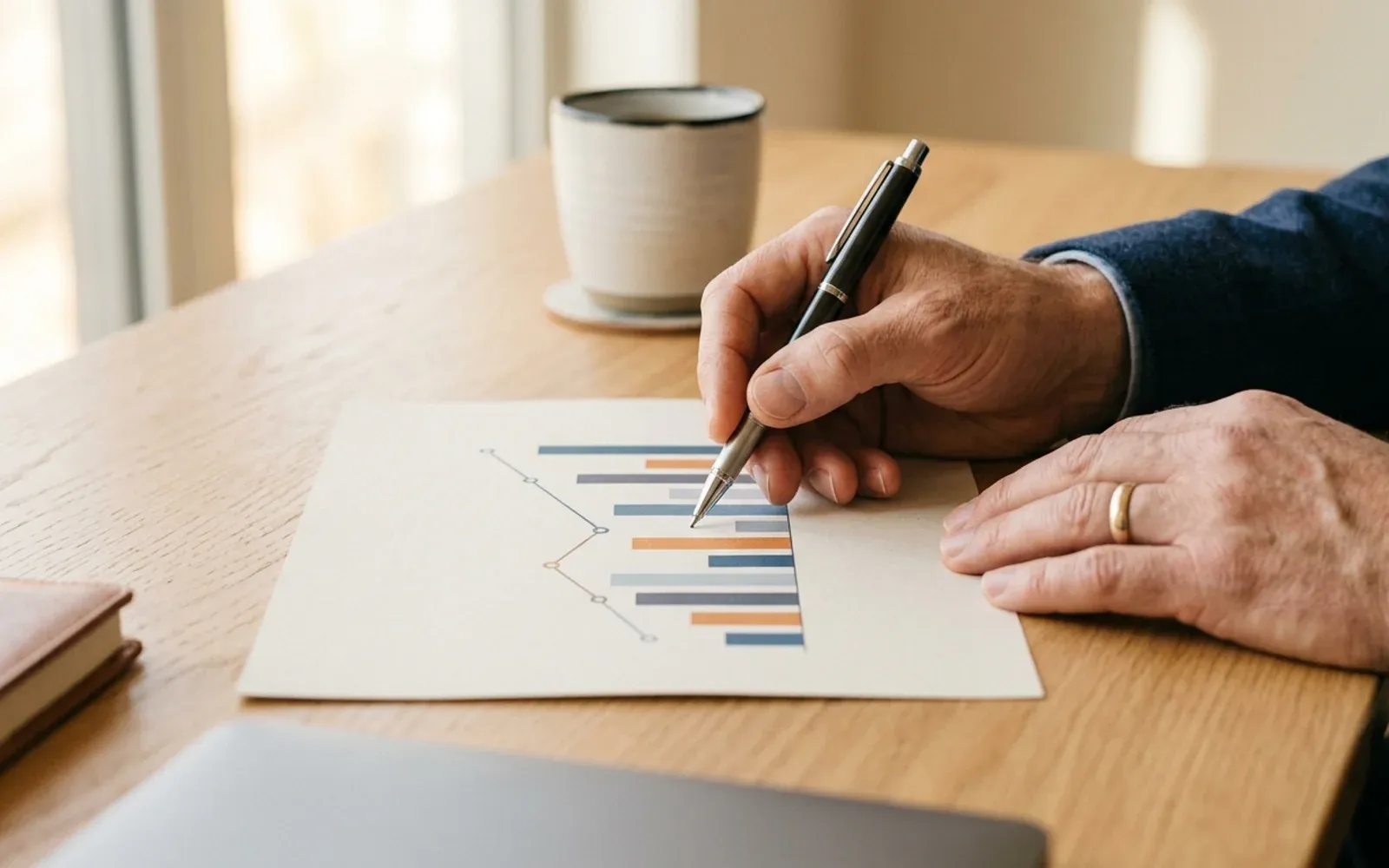 Mãos sobre mesa de trabalho analisando relatório de viabilidade orçamentária