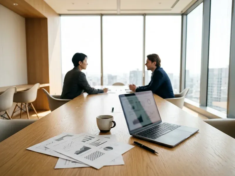 Mesa de reunião clara com relatório e notebook para análise de viabilidade