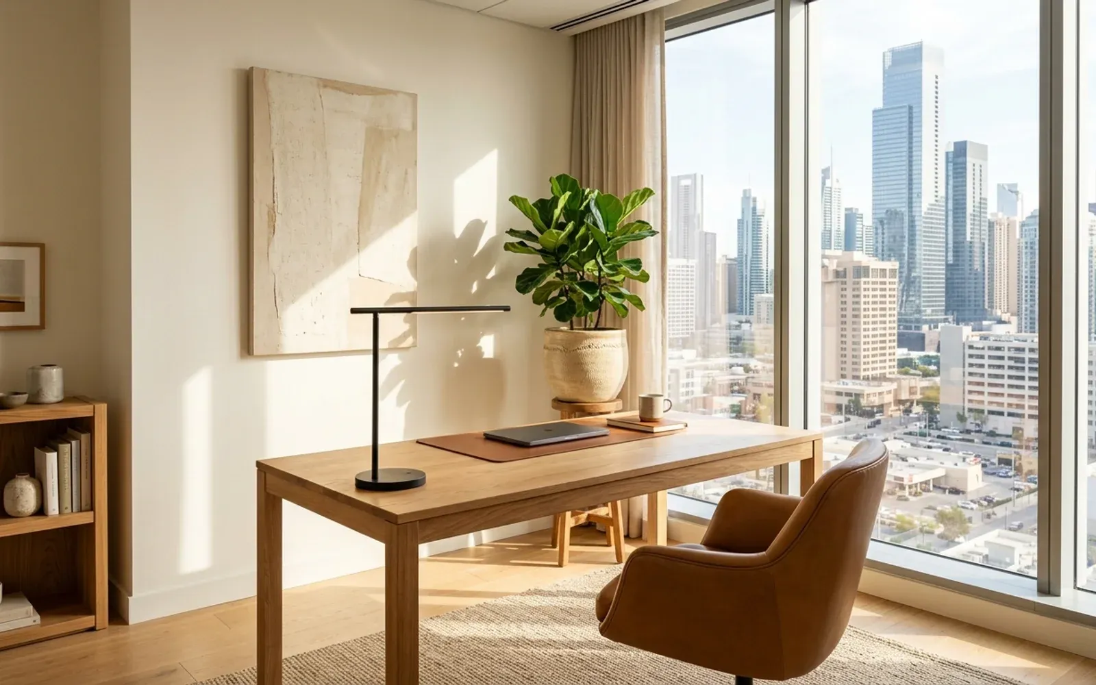 Escritório executivo iluminado com plantas e vista panorâmica para a cidade